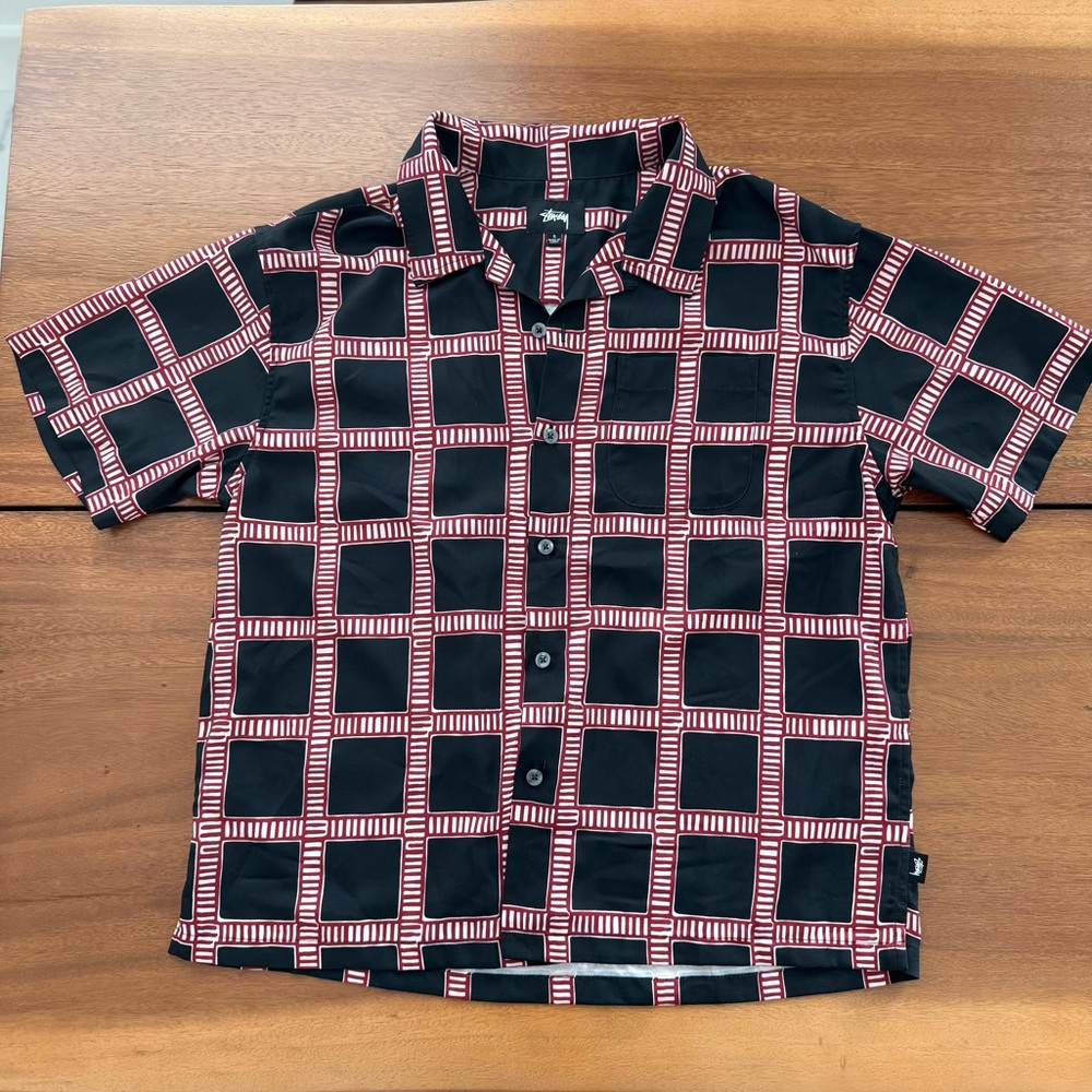 Stussy Black and Red Grid Short Sleeve Button-Down Shirt